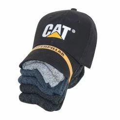 Outlet 🤩 Best Sale 🧨 Caterpillar Workwear Men's Cat Trademark Logo Cap + Sock Bundle - 6-Pairs Black 🔔 😍