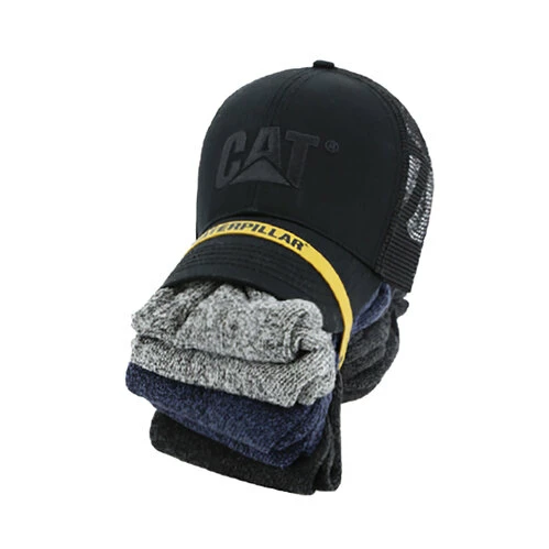 New π Promo π Caterpillar Workwear CAT Raised Logo Cap + Sock Bundle - 6-Pairs Black/Black β¨ π